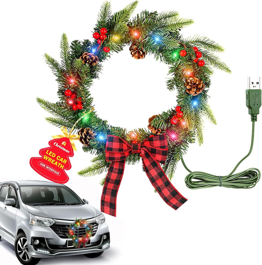14" LED Light Up Car Wreath - 24 Color Pre-Lit, RGB LED Christmas Wreath for Car Truck SUV Decorations