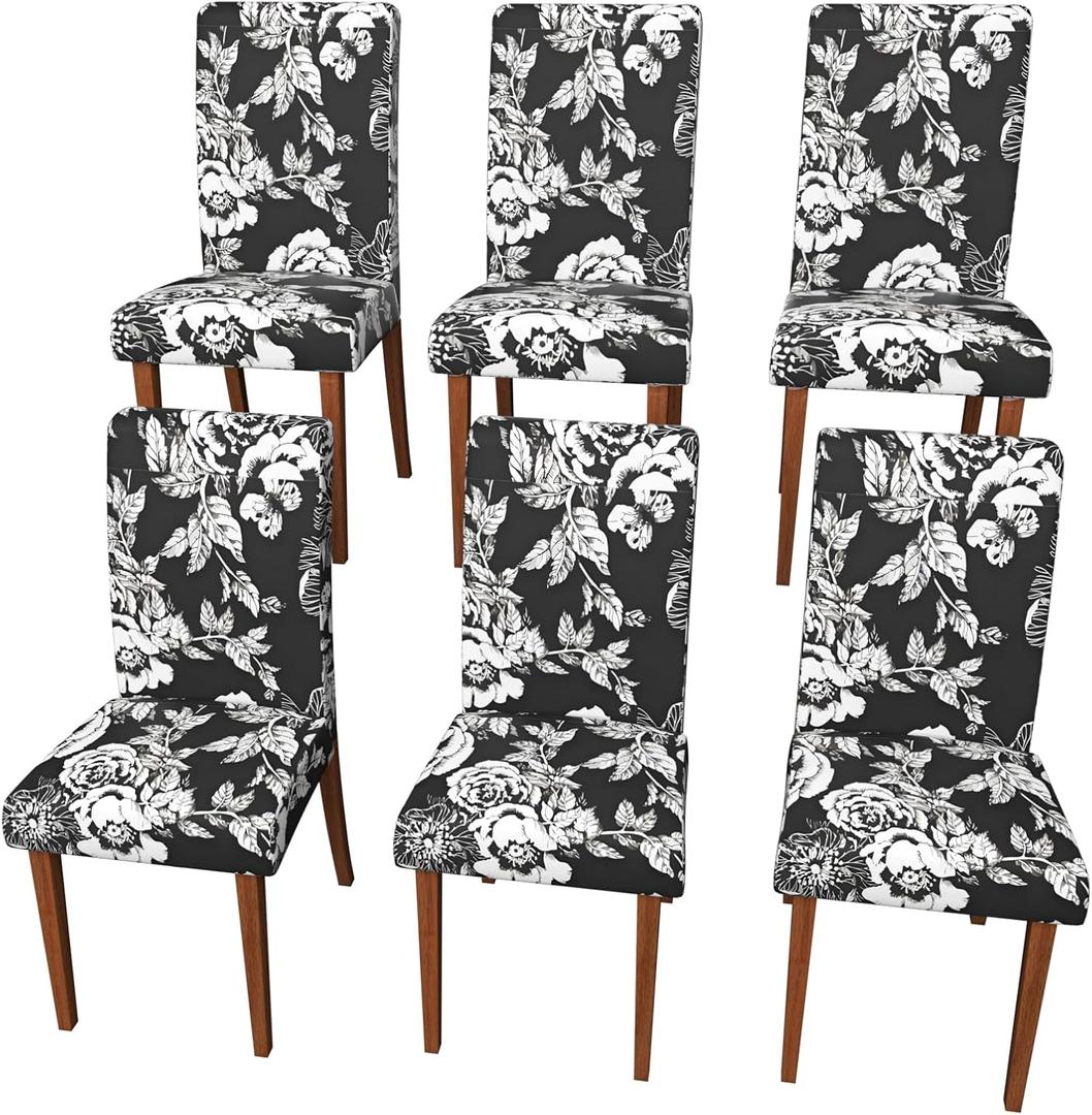 Stretch Dining Chair Covers Set of 6,Floral Print Chair Covers,Soft Removable Washable,Pet Friendly Furniture Protector,Universal Chair Slipcovers for Home, Kitchen,Ceremony Dining Room Seat (Black Base White Rose)