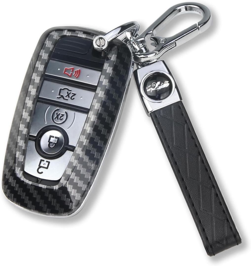 QBUC for Ford Key Fob Cover with Keychain Full Protection Durable ABS Shell Compatible with 2018-2025 Expedition Explorer Edge Escape Mustang Bronco F-150 Ranger Maverick Lincoln(Carbon Fiber)