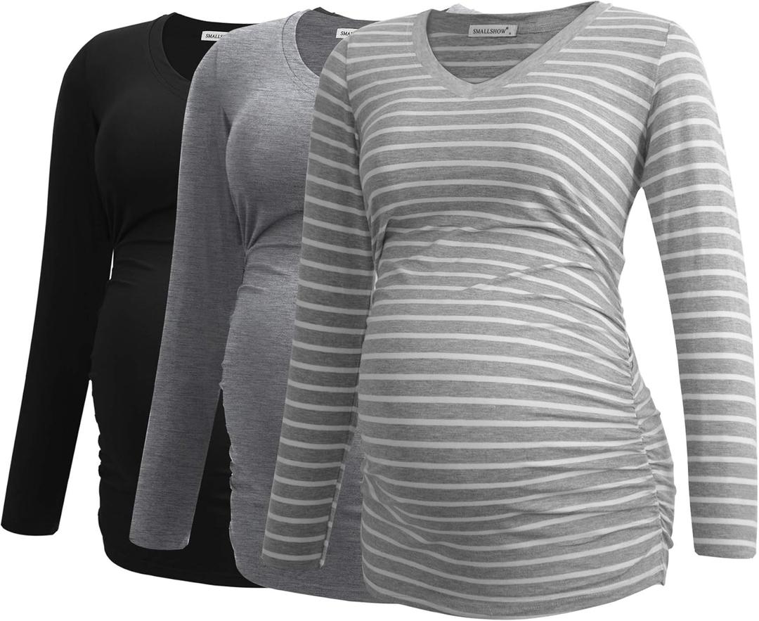 Smallshow Women's V-Neck Maternity Shirt Clothes Long Sleeve Ruched Pregnancy Top (X-Large, Black-light Grey-light Grey Stripe(3 Pack))