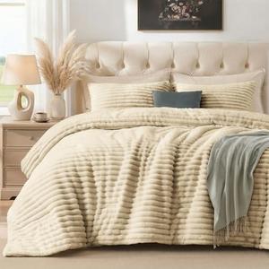 Quataly Marshmallow King Fleece Comforter Set Light Tan Faux Fur Fluffy Comforter Set Luxury Bedding Set Soft Plush Fuzzy Warm Bed Set All Season 3 Pieces (1 Shaggy Comforter, 2 Pillowcases)
