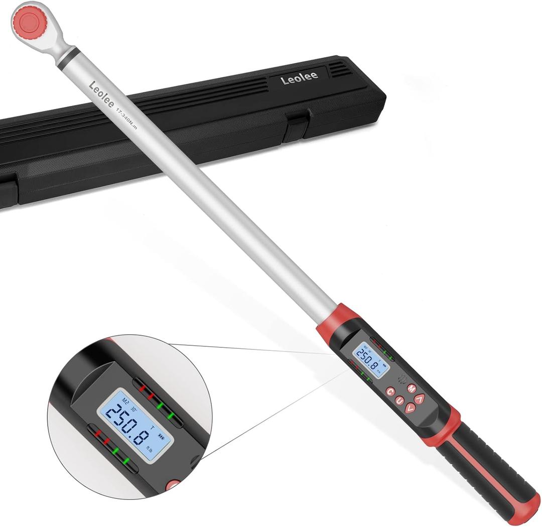 Leolee 1/2-Inch Drive Digital Torque Wrench with Angle, 12.5-250.8 ft-lb/17-340 Nm, Electronic Torque Wrench with Preset Value, Data Storage, Buzzer, LED Flash Notification for Motorcycle, Car