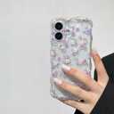 RALEAVO for iPhone 17 Case Cute Floral Pattern Design,Clear Curly Wave Frame Cover for Women,Soft Shockproof Anti-Slip Protective Case for iPhone 17,Purple Flowers
