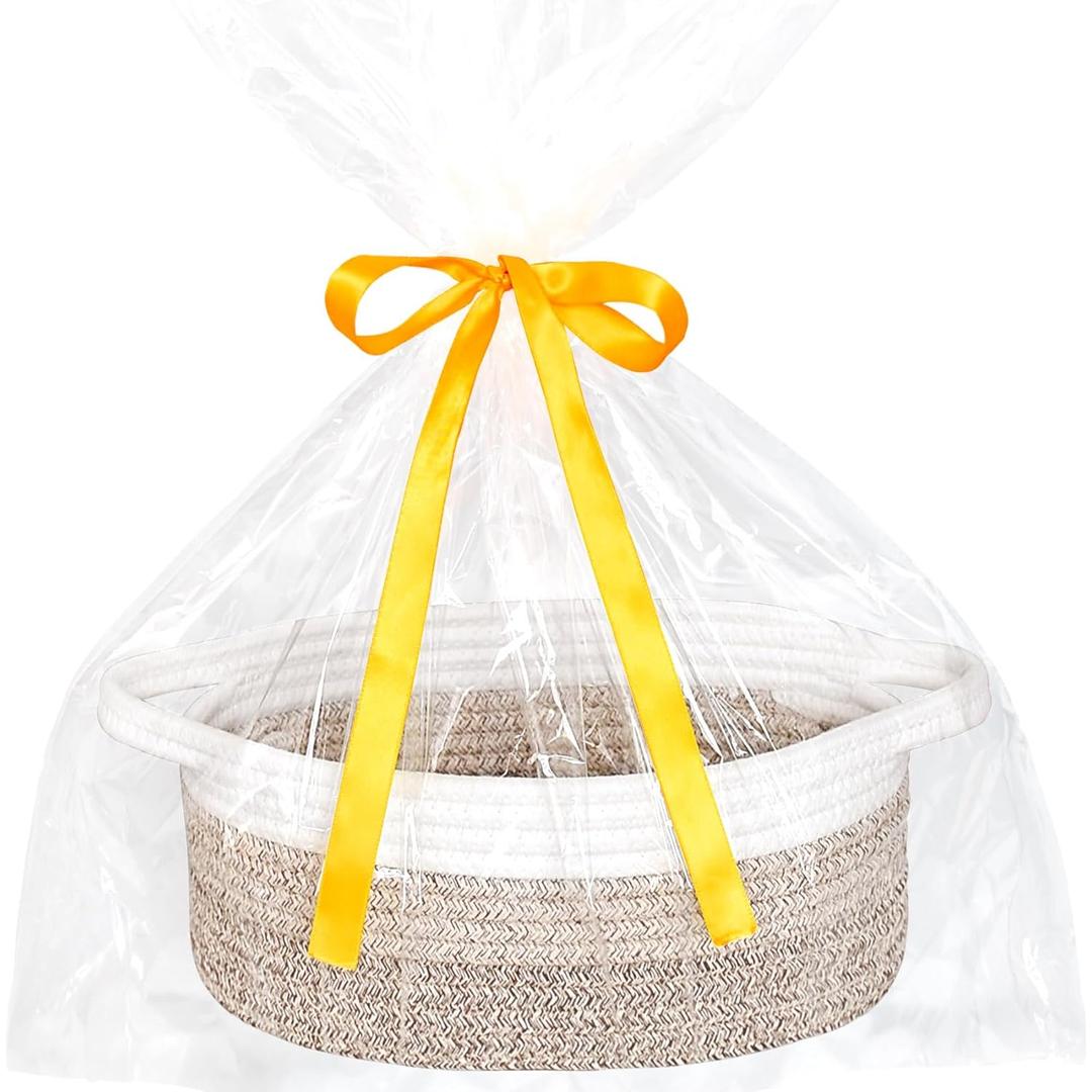 ABenkle Small Basket with Gift Bags and Ribbons, Empty Gift Baskets for Mother's Day, Decorative Boho Rope Woven Nursery Storage Organizer Toy Baskets with Handle for Baby Showers, 12"X 8" X 5" (3 Color- Mixed Brown)
