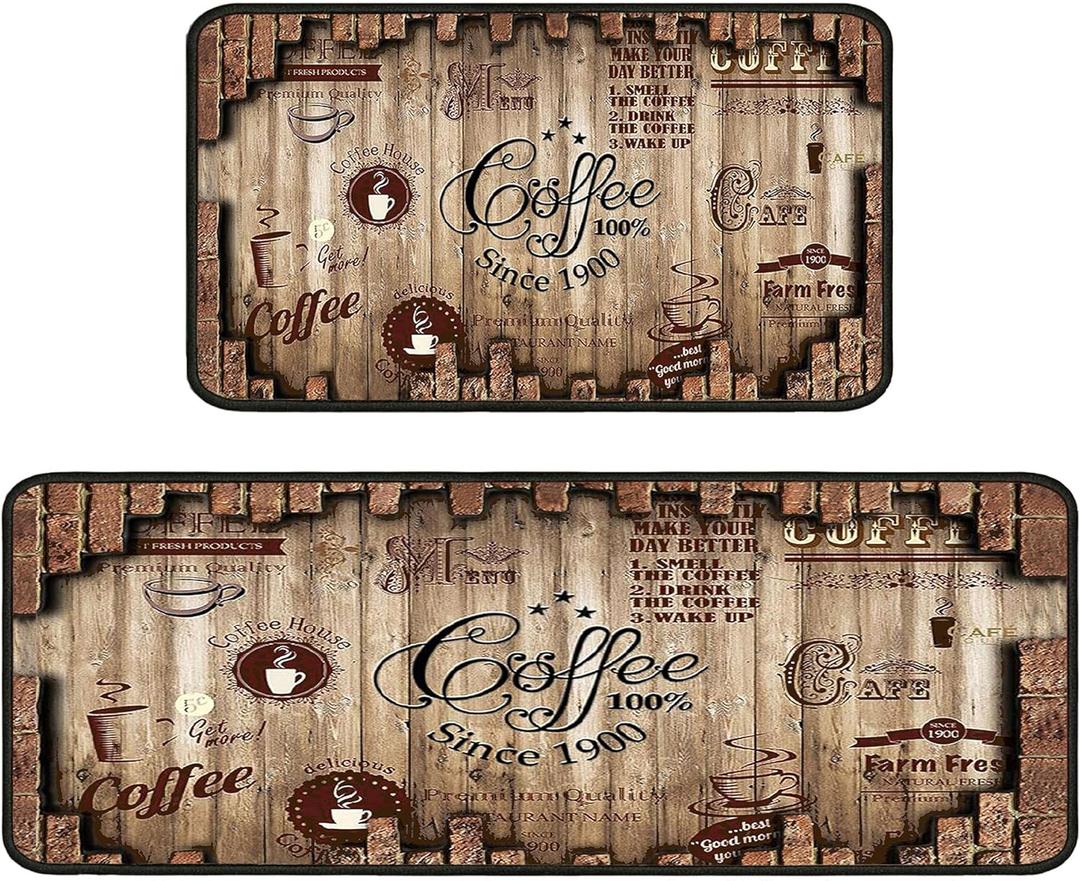 Coffee Kitchen Rugs 2 Piece Set for Floor Mat, Non Skid Washable Absorbent Microfiber Coffee Kitchen Mat for in Front of Sink for Standing for Home Coffe Kitchen Decor 17"X30"+17"X47"
