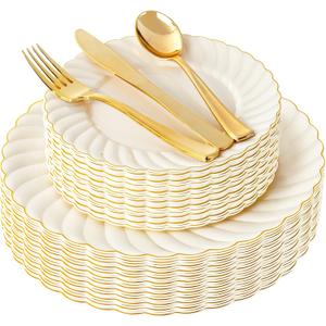 YOUBET 125PCS Scalloped Plastic Plates - Ivory Scalloped Disposable Plates - Gold Plastic Dinnerware Set Include 50 Plates, 75 Gold Silverware for Party & Wedding