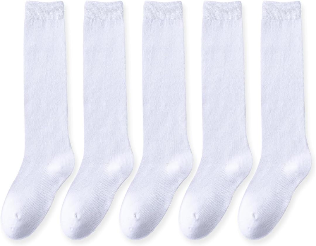 EPEIUS Toddler Girl Knee High Socks Seamless Cotton School Uniform Socks Baby Boy Long Sock 3-5 Years White 5 Pack (White, S)