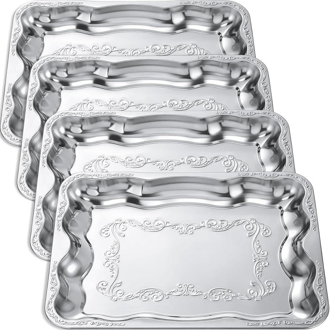 FoldTier 4 Pack Silver Serving Trays Set for Party, Butterfly Floral Silver Platter Engraved Mirror Tray, 15.8 x 11.6 Inches Elegant Metal Plate for Christmas Food Appetizer Cookies Desserts