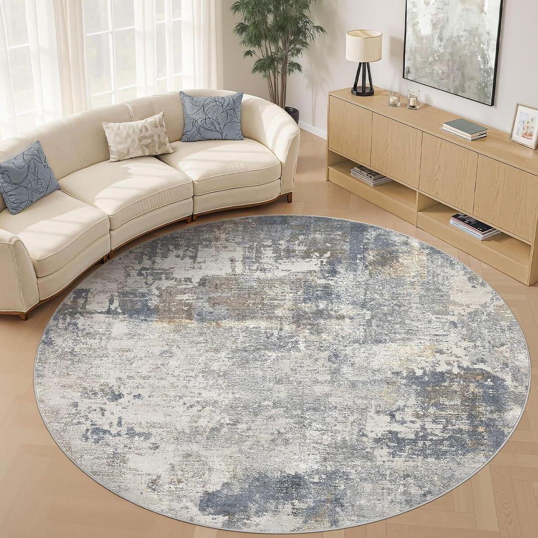 UERMEI 10ft Round Area Rug Living Room Rugs - 10x10 Washable Large Neutral Modern Abstract Soft Thin Rug Indoor Floor No Slip Rug Carpet for Bedroom Under Dining Table Home Office Decor - Blue Grey