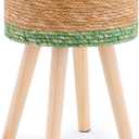 Handwoven Outdoor Ottoman, Water Hyacinth Pouf Round Patio Footstool with Wood Legs, 17-Inch Multipurpose Vanity Stool, Dining Chair, Patio Footrest for Balcony and Garden, Green (13"D x 13"W x 16.9"H)
