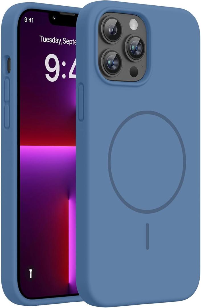 Miracase Magnetic for iPhone 13 Pro Max Case, [Soft Anti-Scratch Microfiber Lining], Compatible with MagSafe, Liquid Silicone Shockproof Drop Protection Phone Case for 13 Pro Max, Glass Blue