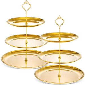 Yaomiao 2 Sets Gold 3 Tier Serving Tray with Base Stainless Steel Tiered Cupcake Stand Dessert Table Display Set Cup Cake Tier Stand Metal Cupcake Tower Fruit Dessert Holder Wedding Serving Platter