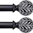 2 Pack Black Curtain Rod 36-60 Inch, Decorative Farmhouse Curtain Rods for Windows, 1 Inch Adjustable Heavy Duty Vintage Rustic Window Treatment Rods with Faux Wood Grain Leaf Finials