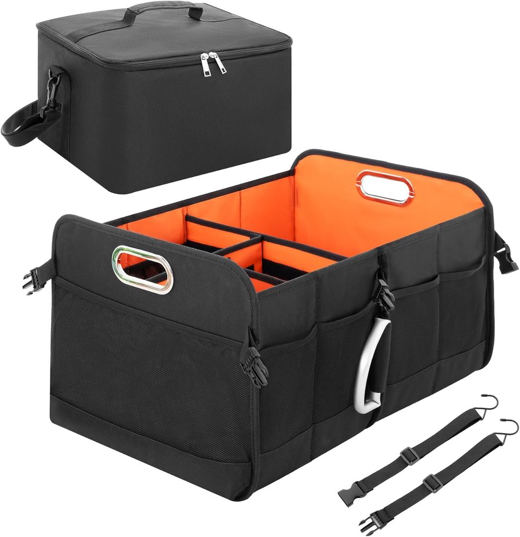 StorageWorks Trunk Organizer for SUV, Multi-Compartment Car Trunk Organizer, Car Organizer and storage with Aluminum Alloy Handle, Medium, Black and Orange, 1-Pack