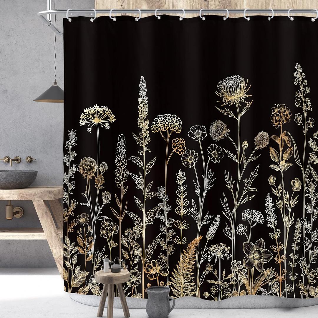 Riyidecor Black Gold Floral Wildflower Shower Curtain for Bathroom Decor 72Wx72H Golden Flower Botanical Plants Boho Vintage Rustic Art Printed Fabric Polyester Waterproof Women Girl Girly