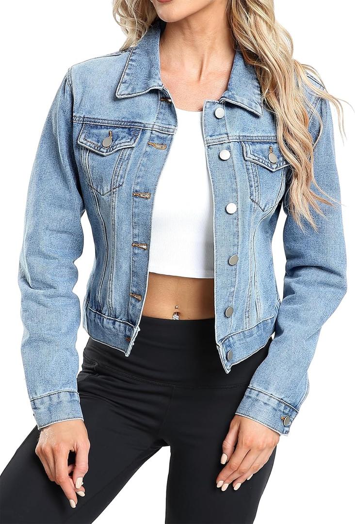 andy & natalie Women's Denim Jackets Cropped Long Sleeve Basic Button Down Crop Jean Shacket with Pockets (M)