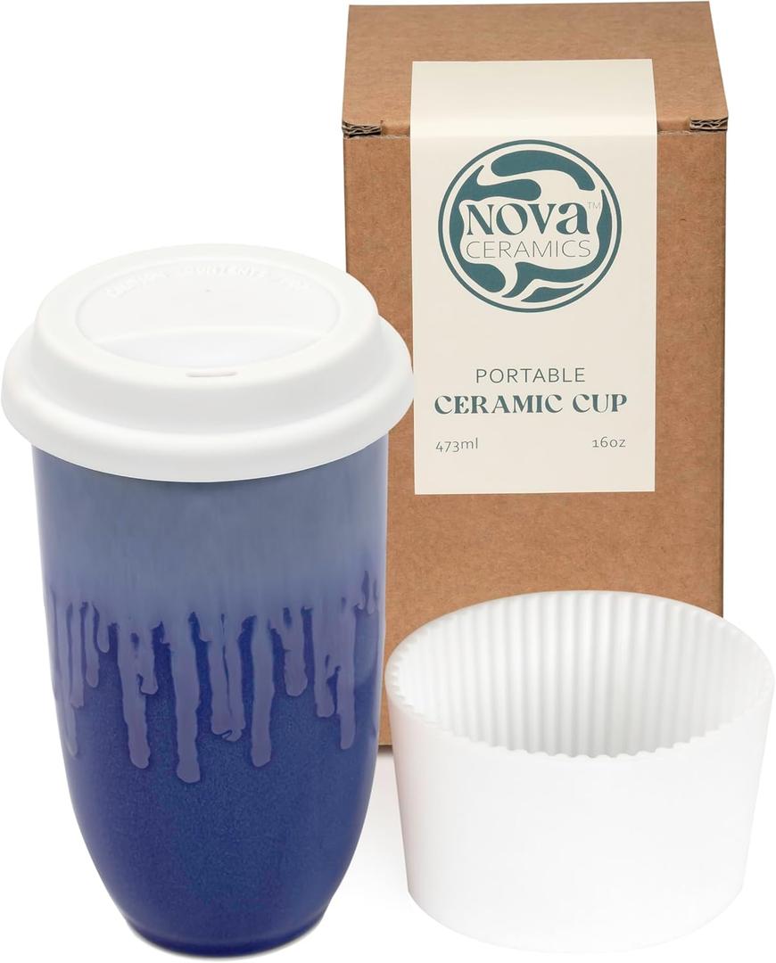 NOVA CERAMICS Ceramic Tumbler Blue Ceramic Mug  Microwave & Dishwasher Safe Coffee White & Orange Tumbler - Leak-Proof Coffee Travel Mug  16oz  Neptune