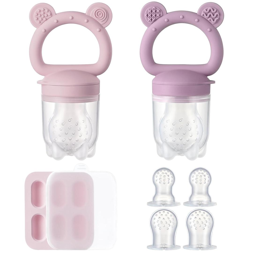 2 Pack Silicone Baby Fruit Feeder with Mini Freezer Tray, Breastmilk Popsicle Molds for Infant Teething Relief, Baby Teethers, Fresh Food Feeder for Safe Infant Self Feeding - Purple