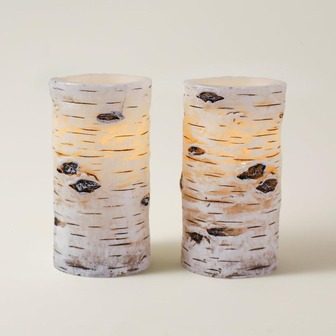 H-BLOSSOM Flickering Flameless Candles Birch Bark Effect Battery Operated Real Wax Pillar Candles LED Candles with Cycling 5H Timer Pack of 2 (3" x 6")