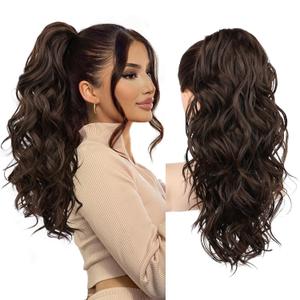 REECHO Ponytail Extension, 18" Claw Clip Ponytail Extension Wavy Ponytails Hair Extensions Jaw Clip on Pony Tails Natural Synthetic Hairpiece for Women Daily, Dark Chocolate Brown