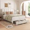 Full Bed Frame with Storage Drawers, Velvet Upholstered Platform Bed with 47" Tall Headboard and Wingboard, No Box Spring Needed, Noise Free, Easy Assembly, Wooden Support Slats, Beige