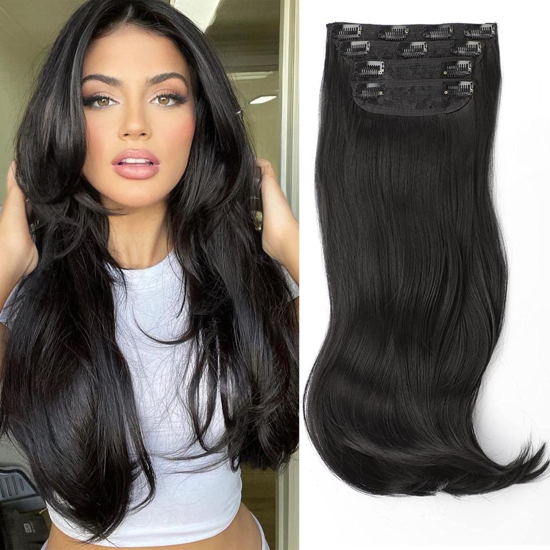 FREEMEIGE Clip in Hair Extensions for Women 20 Inch Black Long Layered Hair Extensions Clip ins Synthetic Heat Resistant Daily Use