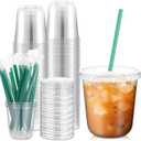 Baderke 25 Set Plastic Cups with Lids and Straws, Disposable Plastic Iced Coffee Cup for Cold Beverage Juice Smoothie Crystal for Coffee Shops Party Catering(Clear,12 oz)