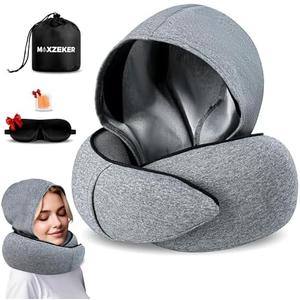Maxzeker Travel Neck Pillows for Airplanes – Sleep Comfortably on Long Flights, Roadtrips, Home or Office. All-in-One Travel Sleep Kit with Hood, Eyemask and Earplugs