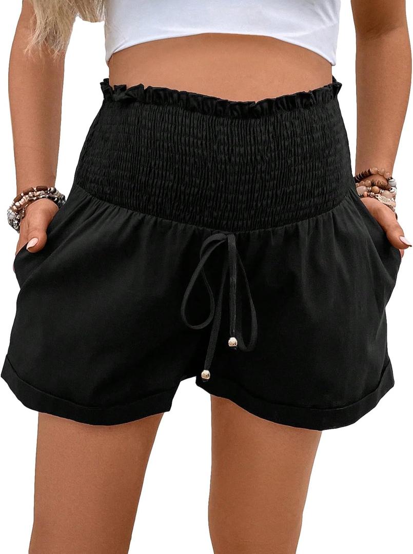 OYOANGLE Women's Maternity Elastic Smocked Waist Shirred Shorts Knot Roll Up Hem Denim Shorts with Pockets Black XXL
