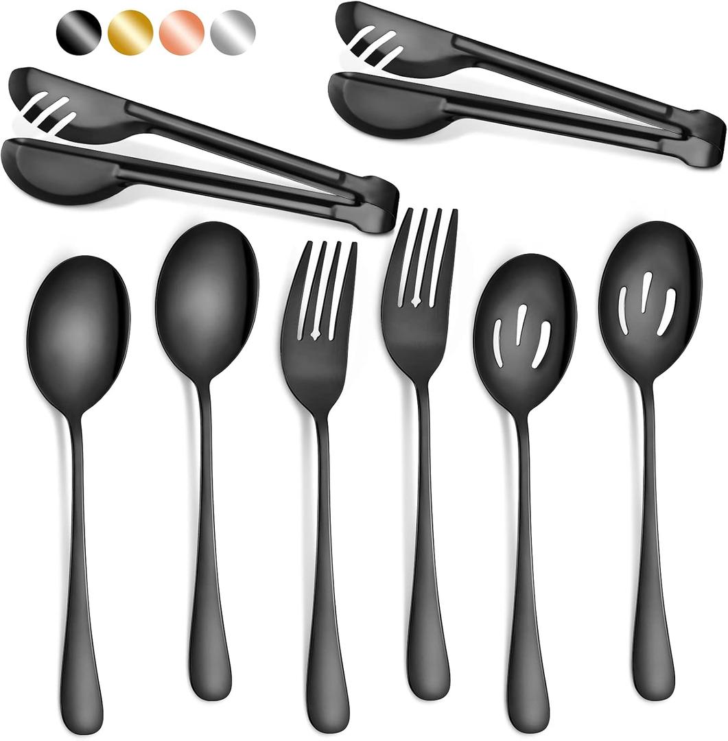 Patelai 8 Pcs Black Stainless Steel Serving Utensils Set 8.7" Large Spoons and Slotted Spoon 9.45" Tong 9" Forks Flatware Wedding Valentine's Day Holiday Party Buffet Banquet Cooking Kitchen Catering