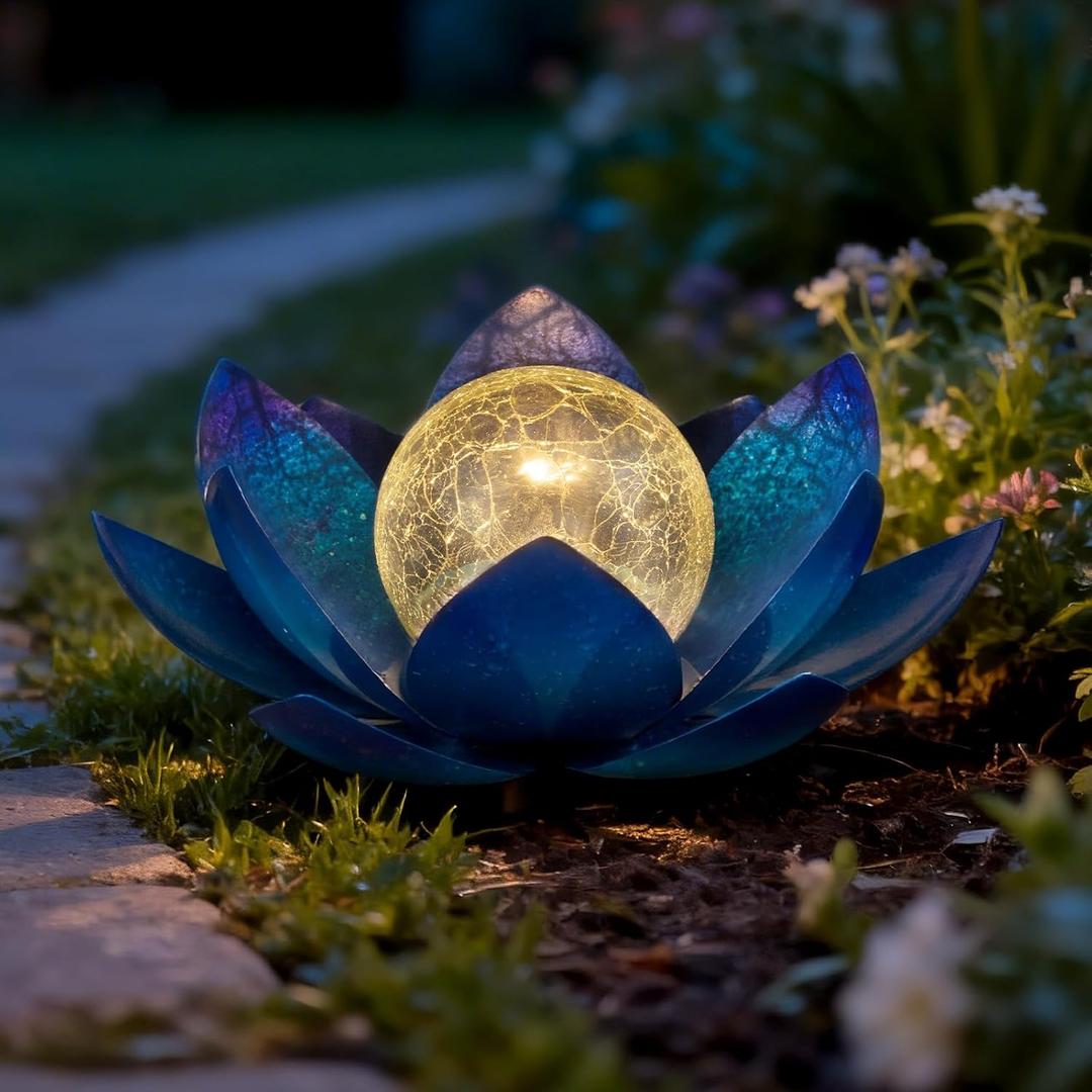 Huaxu Solar Lights Outdoor Garden Decoration Crackle Globe Glass Waterproof LED Metal Blue Lotus Flowers Gift for Mom,Women,Patio,Lawn,Walkway,Tabletop,Ground