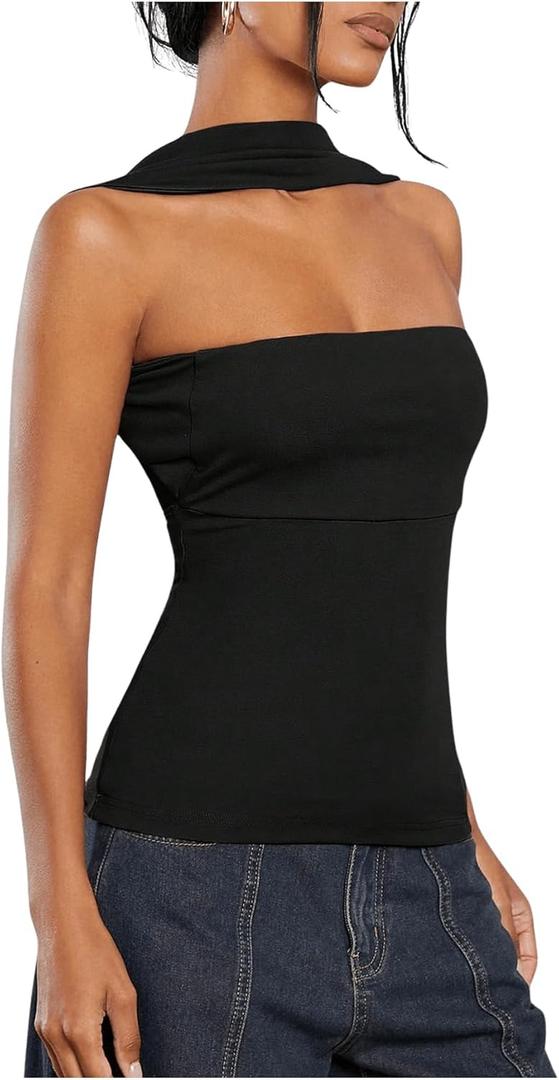 Women's Open Back Halter Neck Tee Ruched Sleeveless Elegant Casual Summer T Shirt (X-Large, Black)