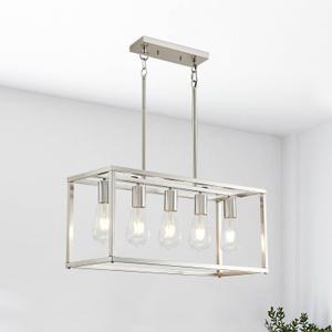 Lanhall 5-Light Pendant Lights for Kitchen Island Modern Dining Room Chandelier Linear Rectangular Kitchen Light Fixtures Hanging Lights for Dining Room Adjustable Height E26 Base Brushed Nickel