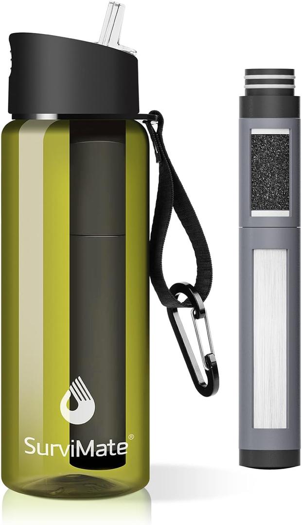 SurviMate 5-Stage 0.01m Ultra-Filtration Filtered Water Bottle, BPA-Free Material, NSF/ANSI 42&372 Certified, Portable Water Filter Bottle for Survival, Camping, Hiking, and Emergency Use (22 Ounces, Dark Green)