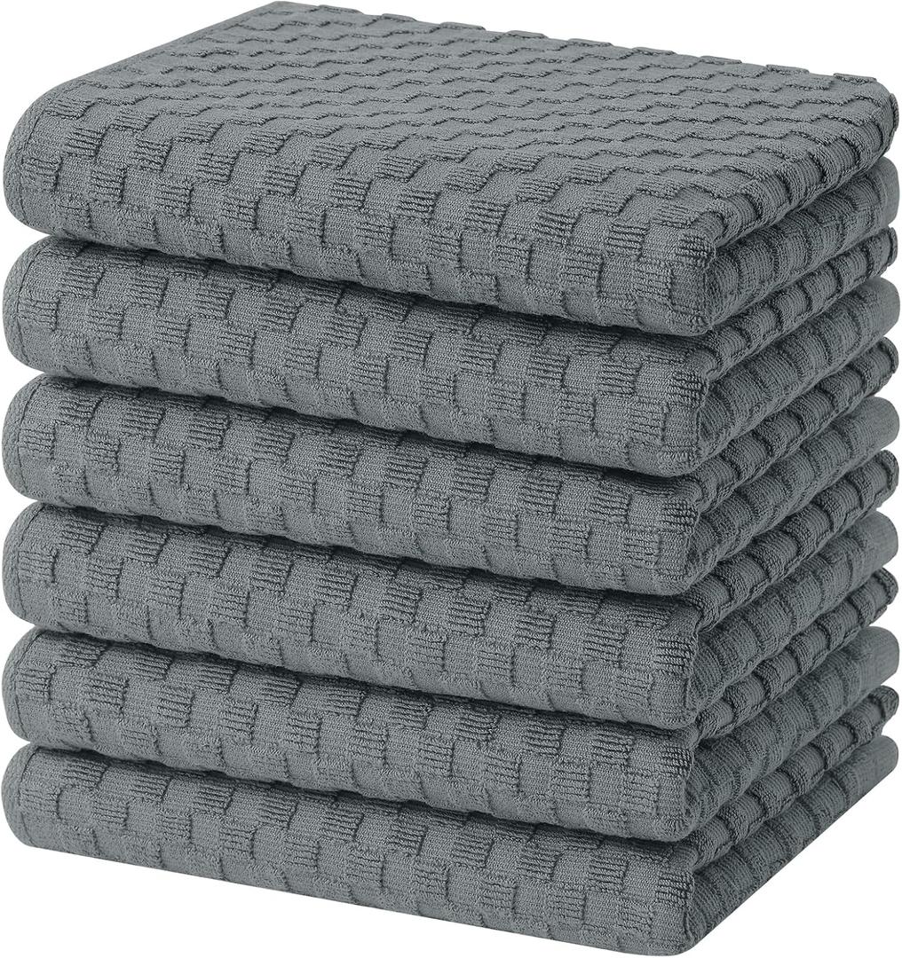 Homaxy 100% Cotton Terry Kitchen Towels(15" x 25", 6 Pack), Soft and Super Absorbent Dish Towels, 380 GSM Reusable Tea Towel with Hanging Loop, Pineapple Grid Designed, Dark Grey