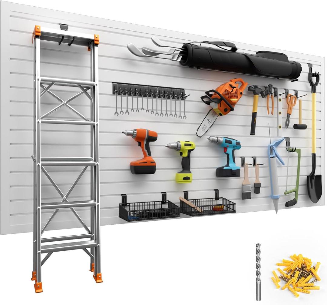 Duzzy Slatwall Panels, 4' H x 8' W PVC Slat Wall Paneling for Garage Wall Storage Organizer (White)