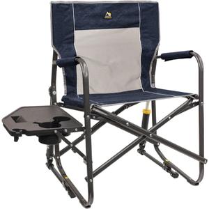GCI OUTDOOR Freestyle Rocker with Side Table Camping Chair | Portable Folding Rocking Chair with Solid, Durable Armrests, Drink Holder & Comfortable Backrest  Heathered Indigo