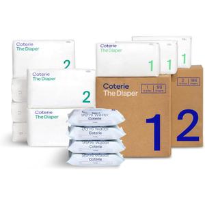 Coterie Baby Wipes + Diapers Kit, Size 1 (99 Count) & Size 2 Diapers (186 Count), 4 Pack (224) Baby Wipes with 99% Water, Plant Based Materials, Hypoallergenic for Sensitive Skin