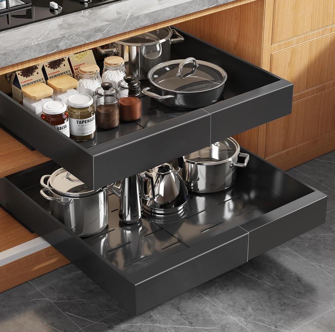 Seinloes 4 Pack Expandable Pull Out Cabinet Organizer 21"Deep With Raising Pad for Framed Cabinets,Upgrade 3 Slide Rails Slide Out Drawers,Roll Out Shelves Adhesive,Adjustable Width 15.15"-26.3" Black