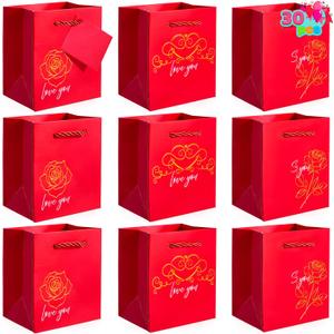 JOYIN 30 Pcs 4.5" Valentines Day Red Gift Bags, Treat Bag with Cards, Paper Goodie Bag with 3 Gold Foil Designs, Valentines Small Goodie Gift Bags for Cookie Snack Storage,Wedding Party Favor