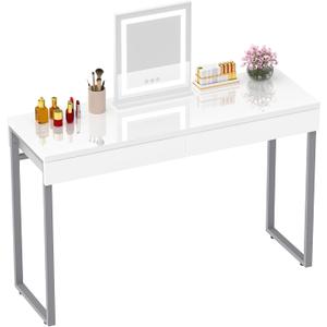 GreenForest Vanity Desk with 2 Drawers,Glossy Desktop White Desk for Bedroom,Makeup Table with Storage Space,Small Desk for Home Office,(39 inch No Mirror) (Silver)