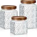 Gerrii 3 Pcs Glass Food Storage Containers 17/24/34 oz Vintage Glass Jar with Lid Begonia Pattern Airtight Candy Jar Food Jars Canisters for Kitchen Counter Pantry Coffee Tea Beans (Square)