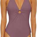 Women's Plunge Halter Maillot One Piece Swimsuit, Adjustable, Tie Back, Bathing Suits (X-Large, Fog)