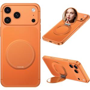 Magnetic Phone Case Stand with Mirror for MagSafe Universal Metal Adjustable Kickstand for iPhone 17/16/15/14 Pro Max Slim Phone Mirror for All Smartphone Used for Women Outdoor Makeup Orange