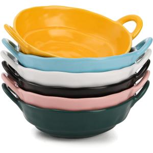 SOUJOY Set of 6 Ceramic Soup Bowl, 20oz Individual Salad Bowls with Handles, Irregular Shape Colorful Cereal Bowl for Soup, Pasta, Ice Cream, Fruits, Dessert, Appetizer, Rice, Matte Glazed