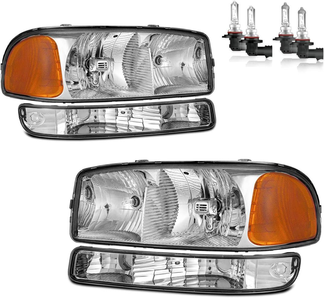 Headlights Assembly for 99-07 GMC Sierra, Compatible with 99-06 GMC Yukon Headlamp Replacement Chrome Housing Driver & Passenger Side (Polished Chrome | With High & Low Beam Bulbs)