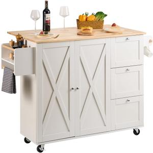 VEVOR Kitchen Island Cart, 45.3x39 inch Rolling Kitchen Table, Mobile Carts with Storage Cabinet and Solid Wood Top, Portable Islands with Wheels, Spice Rack, Towel Rack, Drop Leaf and Drawer, White