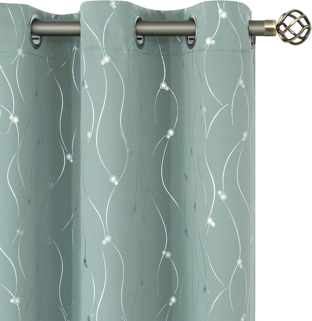 BGment Room Darkening Curtains 84 Inches Long, Grommet Thermal Insulated Blackout Curtains with Wave Line and Dots Printed for Bedroom, 2 Panels, Each 42 x 84 Inch, Frosty Green