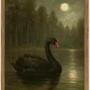Framed Moody Black Swan Wall Art, Vintage Moonlit Lake Painting, Dark Academia Gothic Picture Wall Decor,Mystical Night Landscape Artwork for Living Room Bedroom Offices 16x24 inch