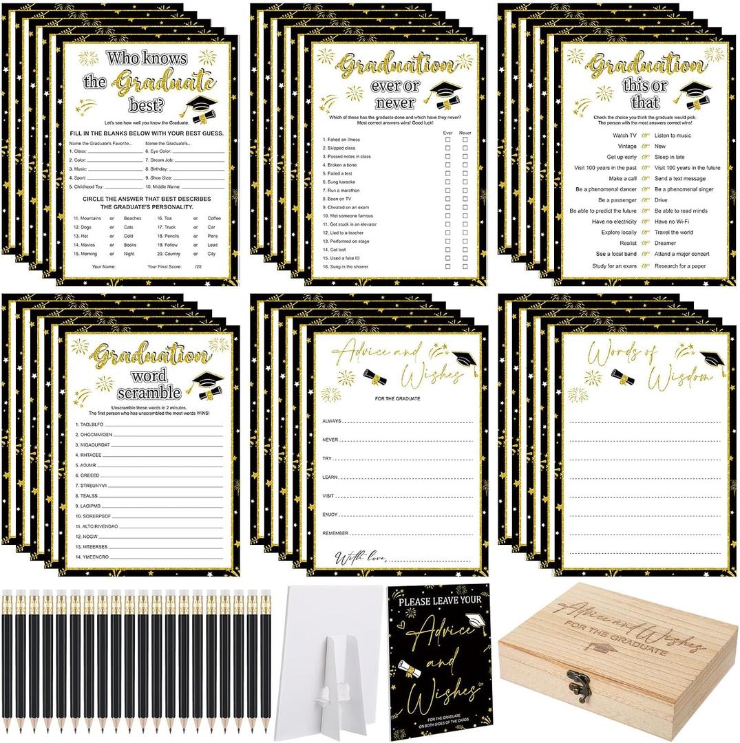 Silipull 172 Pcs Graduation Party Favors with 150 Games Cards Wooden Boxes Advice and Wishes Sign and 20 Pencils, Include 5 Graduation Games for Class of 2026 Grad Party Gift Supplies Decoration
